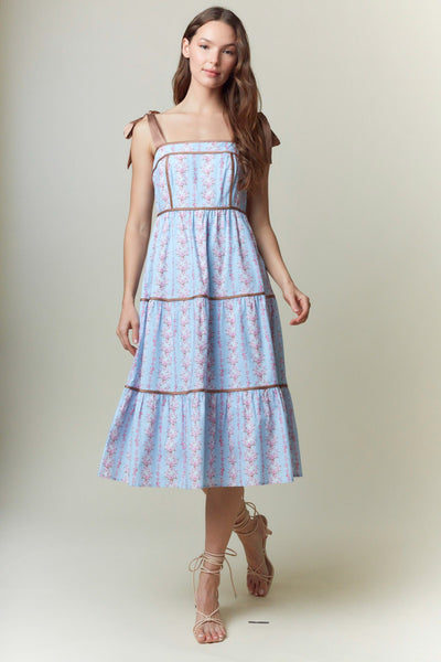 Contrast Shoulder Tie Floral Maxi Dress