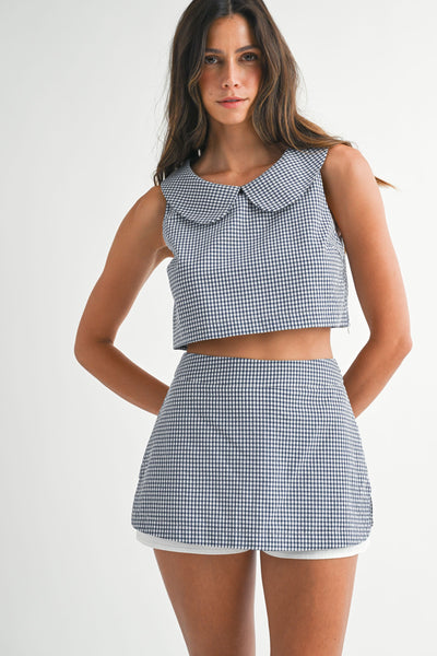 Gingham Plaid Collar Top & Skort Set