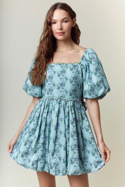 Floral Printed Scallop Embroidery Mini Dress