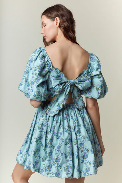 Floral Printed Scallop Embroidery Mini Dress