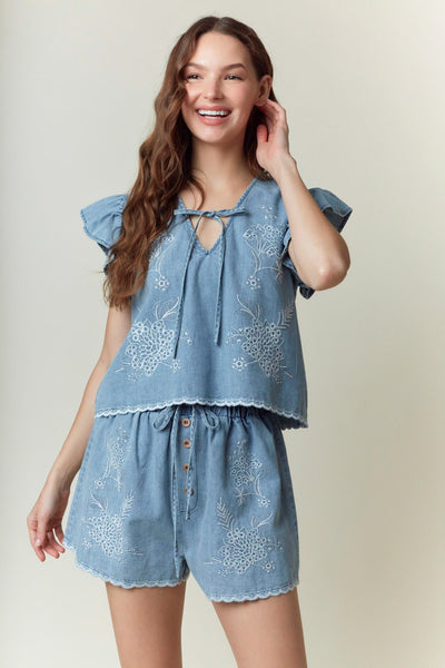 Washed Denim Embroidery Top & Shorts Set