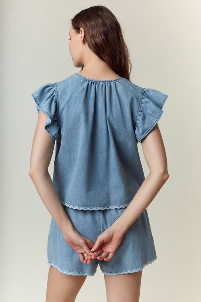 Washed Denim Embroidery Top & Shorts Set