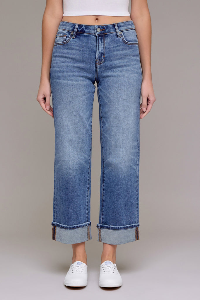 Mid Rise Cuffed Wide Straight Jeans