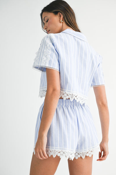 Pin Striped Collar Lace Trim Shirt & Shorts Set