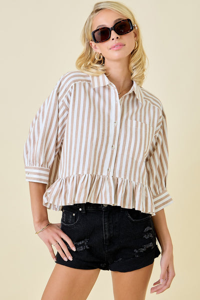 3/4 Sleeve Button Down Cropped Boxy Top