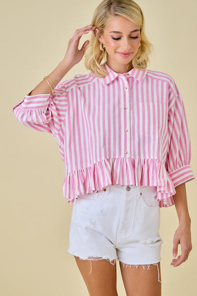3/4 Sleeve Button Down Cropped Boxy Top