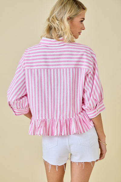 3/4 Sleeve Button Down Cropped Boxy Top