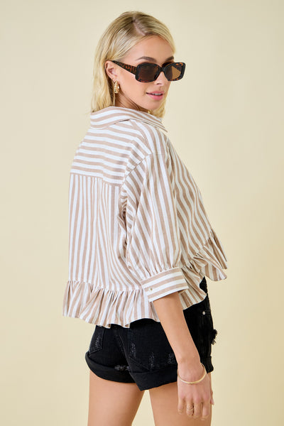 3/4 Sleeve Button Down Cropped Boxy Top