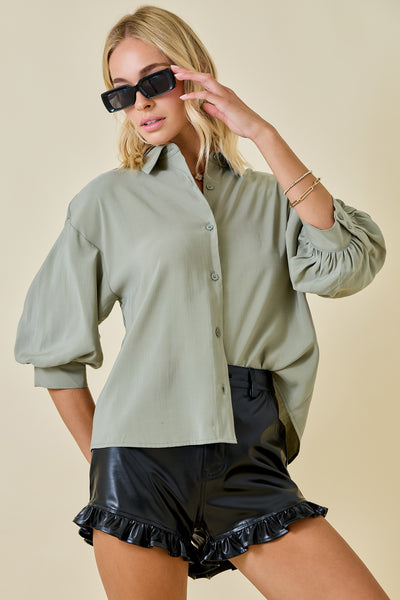 3/4 Puff Sleeve Button Down Collared Top