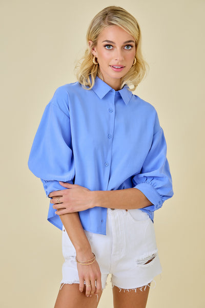3/4 Puff Sleeve Button Down Collared Top