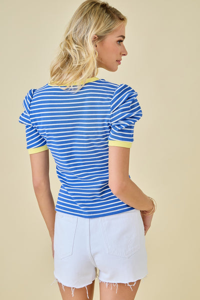 Striped Pleated Sleeve Detail Top