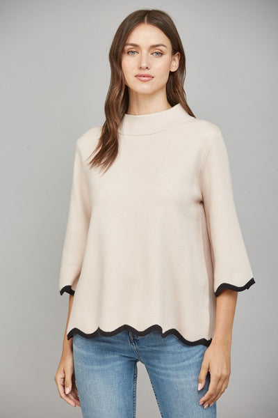 Scallop Edge Detail Mock Neck Sweater Top