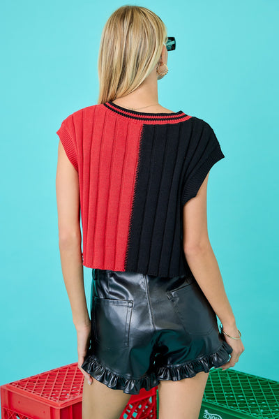 Two Tone V Neck Cropped Sweater Top