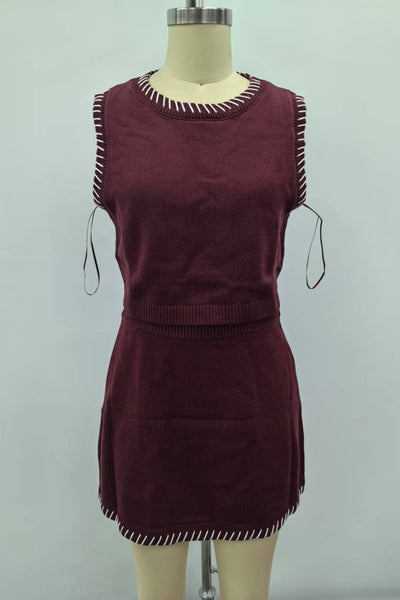 Contrast Cross Stitching Sweater & Skirt Set