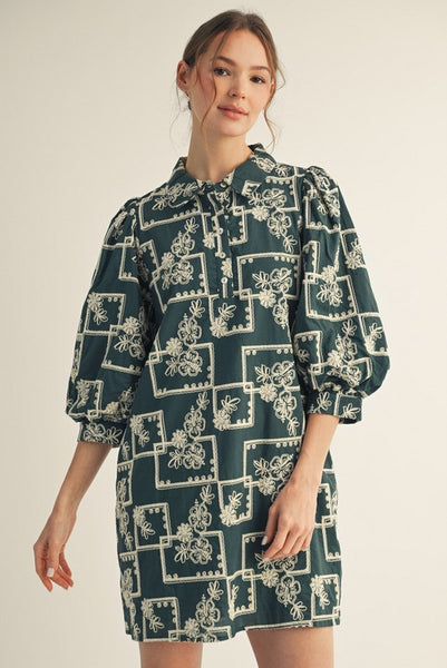 3/4 Puff Sleeves Embroidered Dress