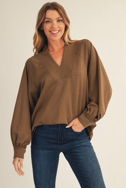 Raglan Sleeve Solid V-Neck Top