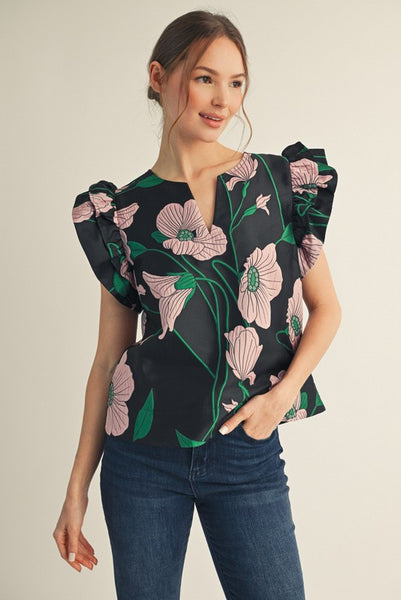 Ruffled Cap Sleeve Floral Jacquard Top