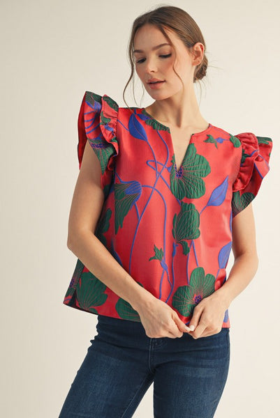 Ruffled Cap Sleeve Floral Jacquard Top