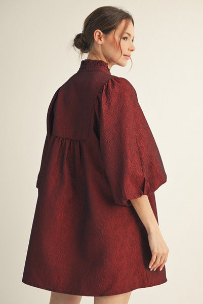 Textured Balloon Sleeve Babydoll Dress