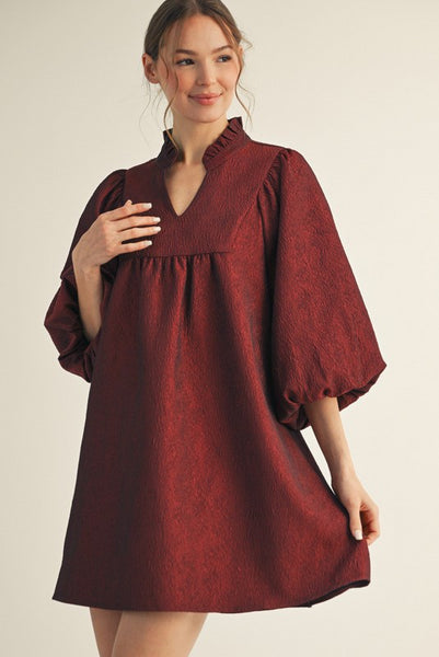 Textured Balloon Sleeve Babydoll Dress