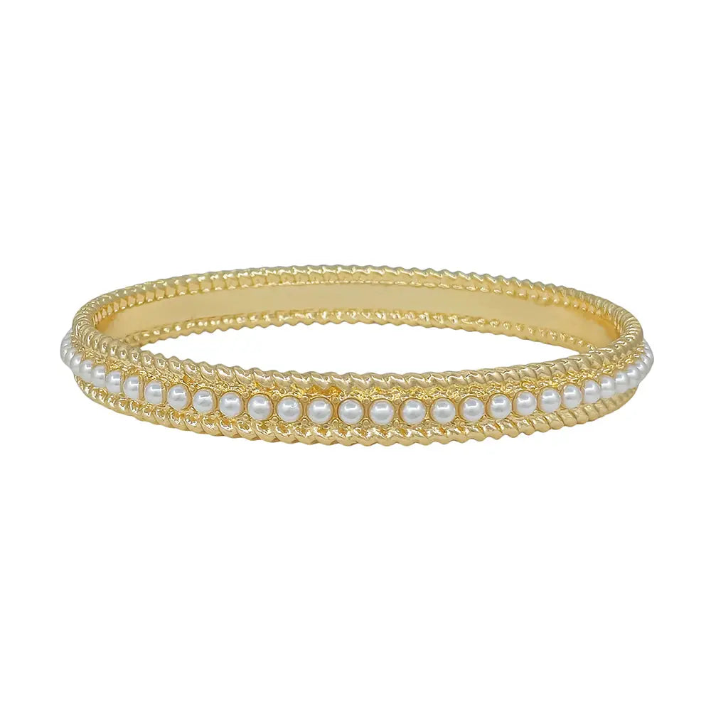 Gold Textured & Pearl Bangle Bracelet
