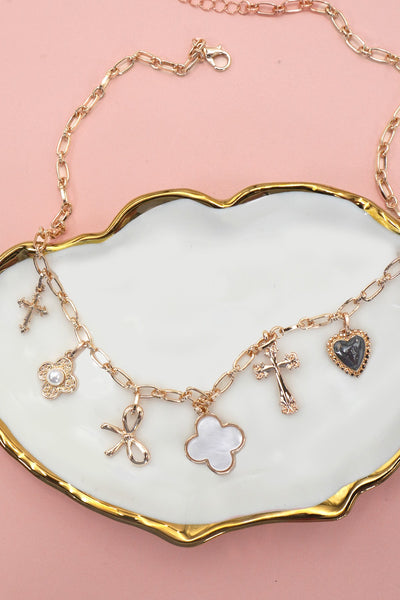 Clover Bow Cross Heart Flower Charms Necklace