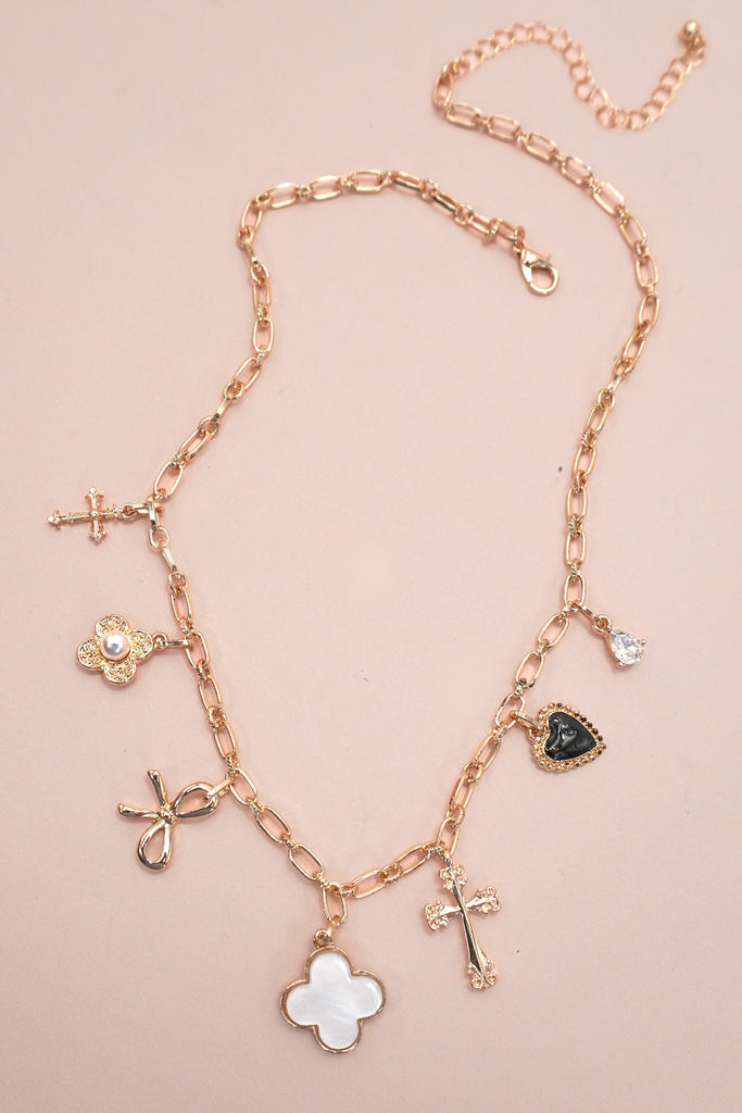 Clover Bow Cross Heart Flower Charms Necklace