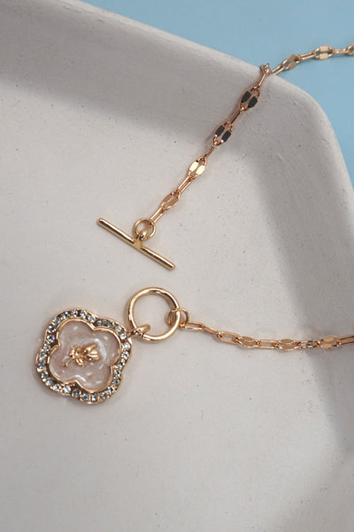 Rhinestone Rose Pearl Charm Necklace