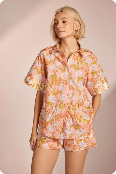 Floral Color Block Button Down Top