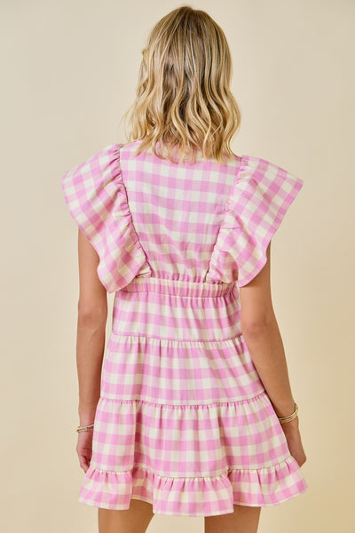 Gingham Smocked V-Neck Tiered Ruffle Dress