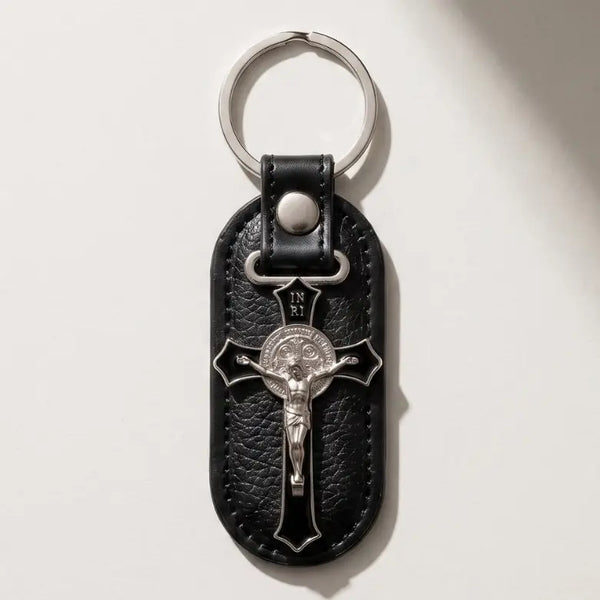 Leather Crucifix Black Keychain Fob