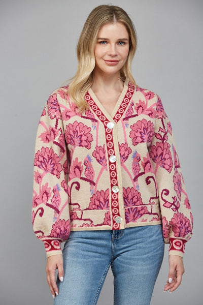 Jacquard Knit V-Neck Button Down Cardigan