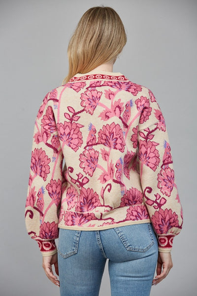 Jacquard Knit V-Neck Button Down Cardigan