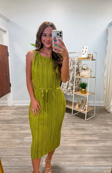 Gold Hardware Trim Plisse Midi Dress