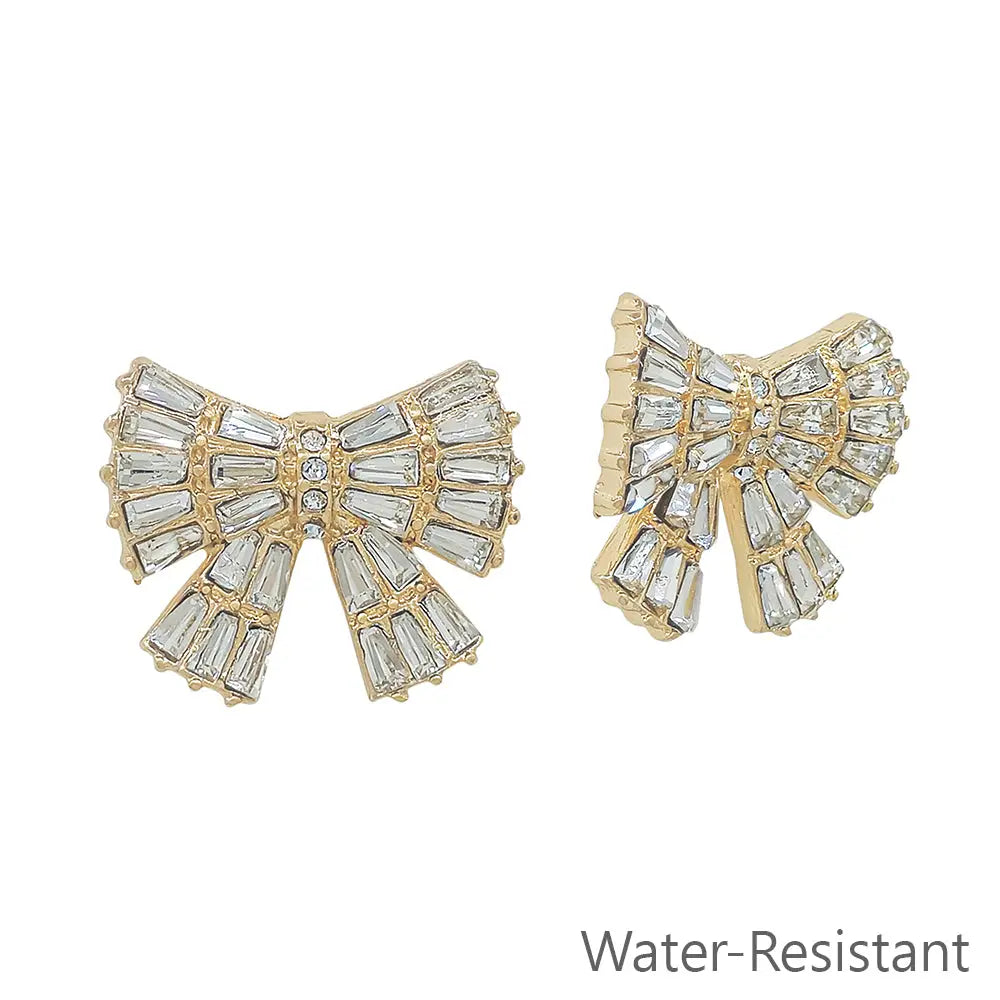 Gold Bow Stud Earrings with Crystals