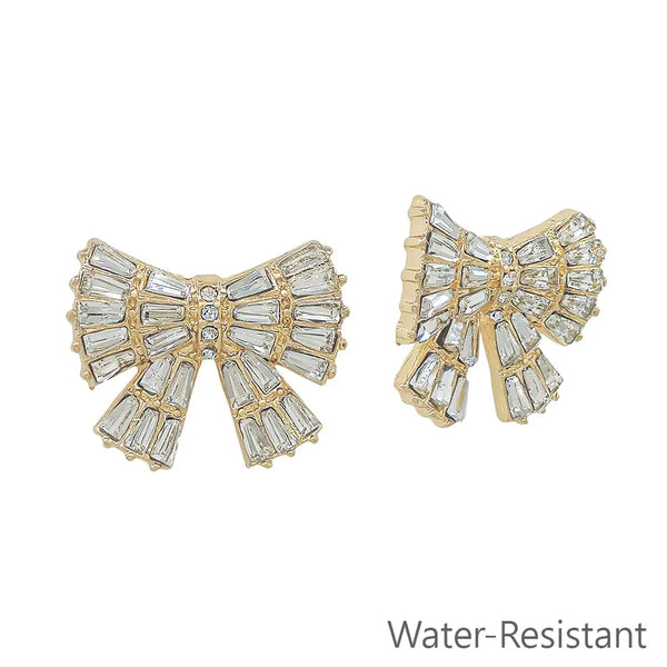 Gold Bow Stud Earrings with Crystals
