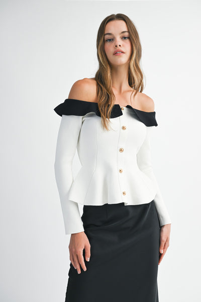 Off Shoulder Contrast Ruffle Peplum Top