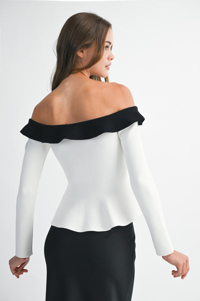 Off Shoulder Contrast Ruffle Peplum Top