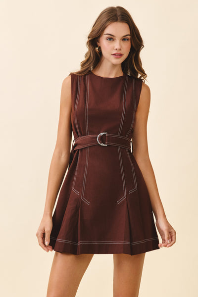 Contrast Topstitching Front Pleats Dress