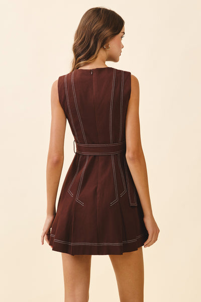 Contrast Topstitching Front Pleats Dress