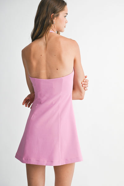 Jewel Bow Slit Detailed Halter Mini Dress