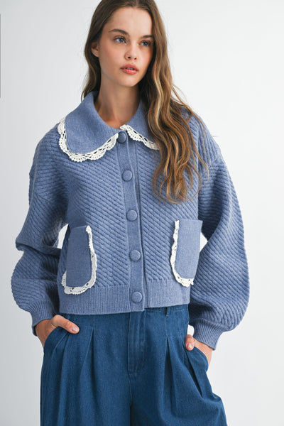 Lace Trim Detail Collar Quilted Cardigan