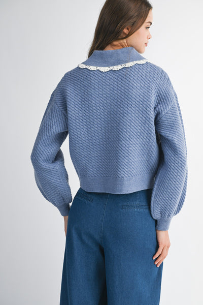 Lace Trim Detail Collar Quilted Cardigan