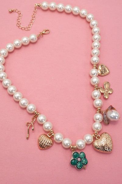 Pearl and Heart Porcelain Flower Bow Charm Necklace