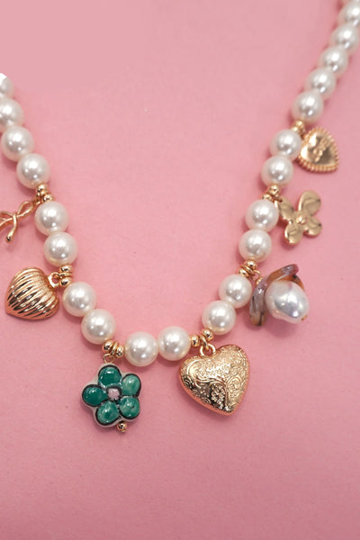 Pearl and Heart Porcelain Flower Bow Charm Necklace