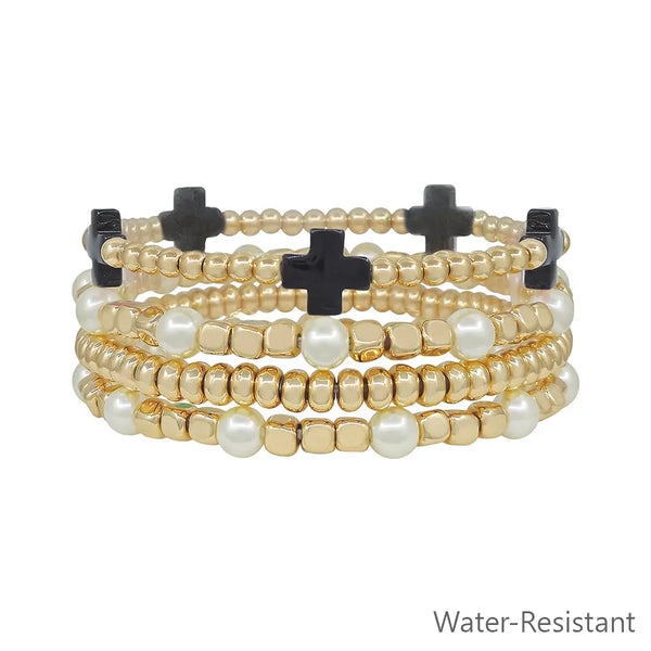 Water Resistant Set of 4 Gold & Pearl Textured Beaded & Black Crosses Stretch Bracelets