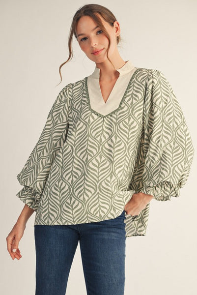 Standing Collared Neck Boho Leaf Print Top