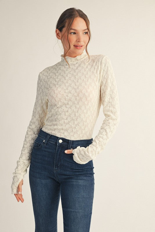 Thumbhole Sleeve Mock Neck Lace Top