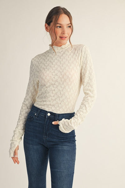 Thumbhole Sleeve Mock Neck Lace Top