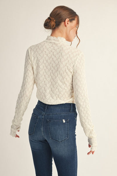 Thumbhole Sleeve Mock Neck Lace Top